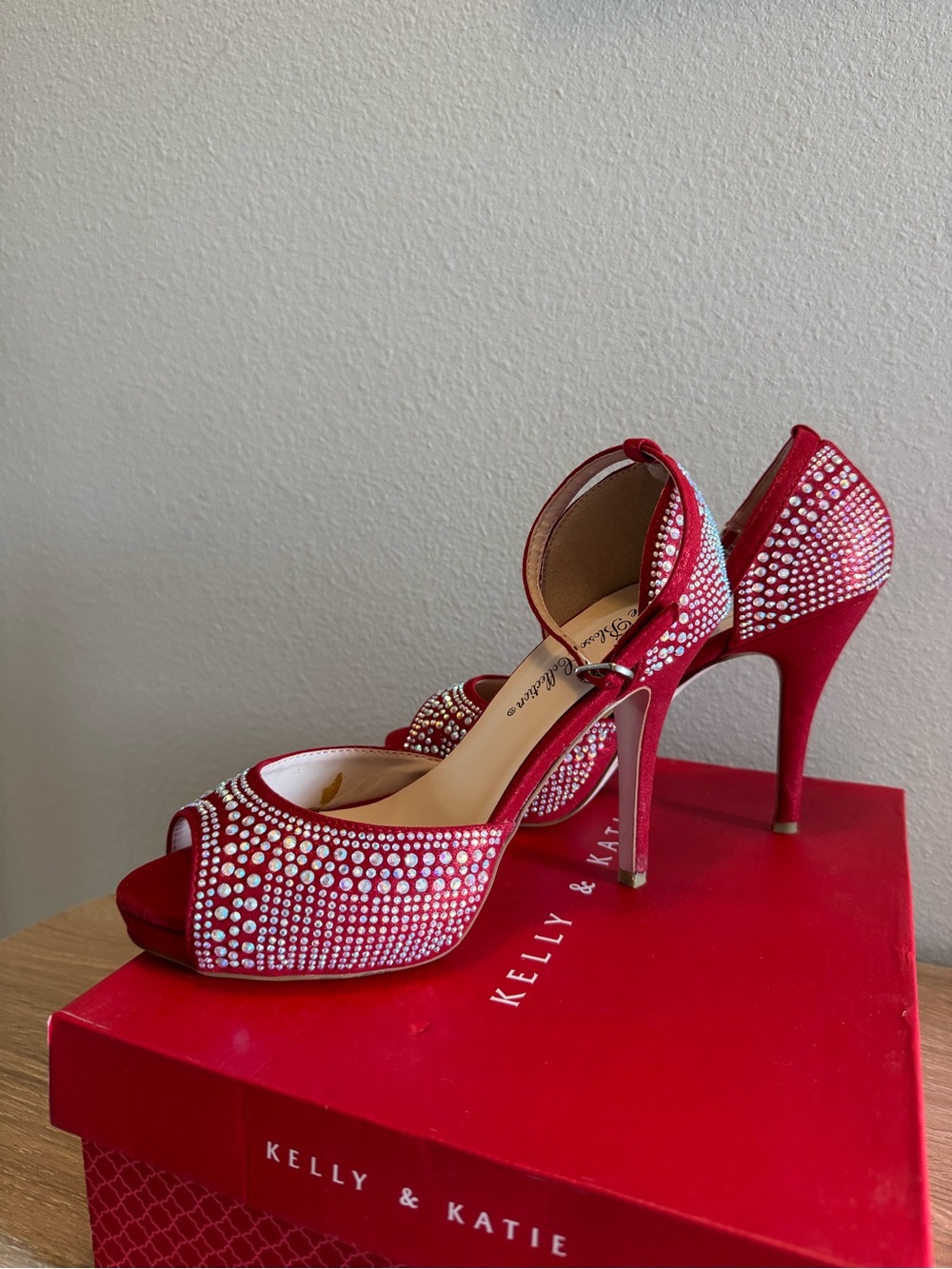 De Blossom Collection Red Crystal Open-Toe Ankle Strap Heels